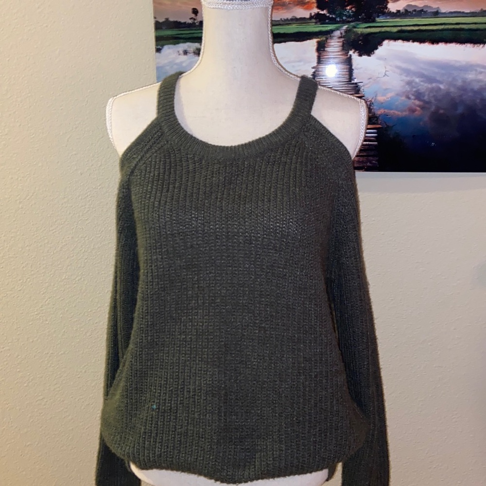 SANCTUARY Rib Knit Sweater Olive Army Military Green Cold Shoulder Cut Out